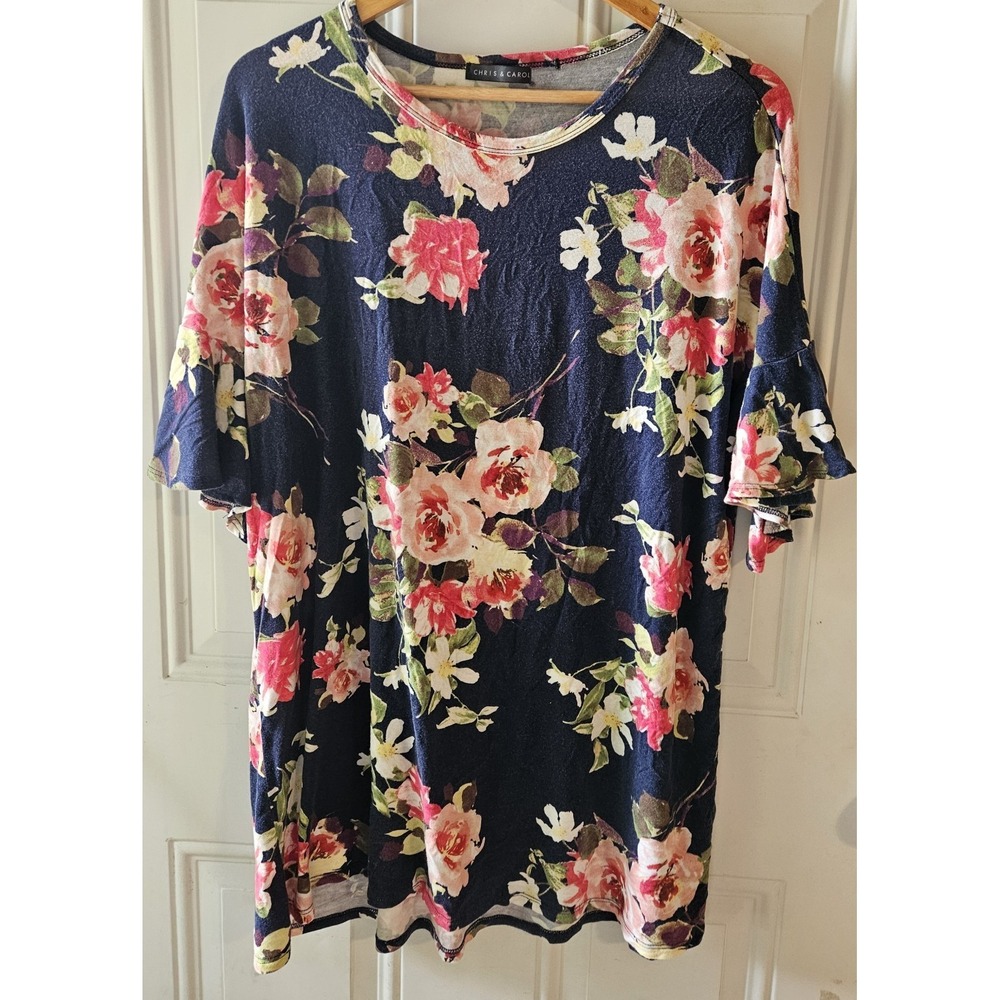 Chris & Carol Women's 2X Floral Tunic Top Navy Pink Bell Sleeve Stretch Boho...